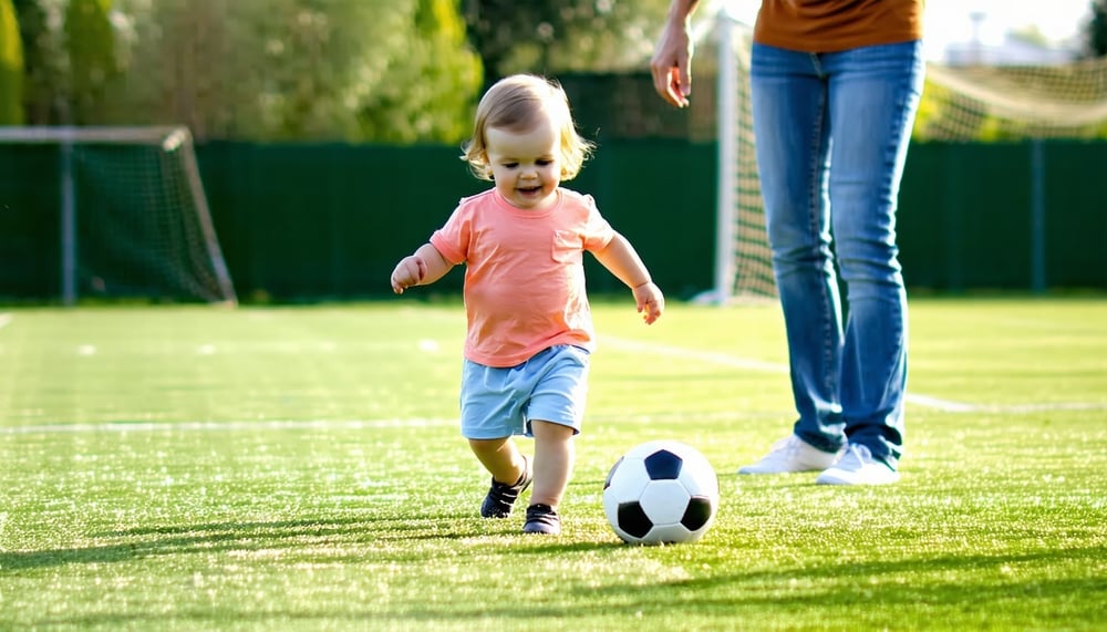Toddler playing soccer with a coach Toddler playing soccer with a coach