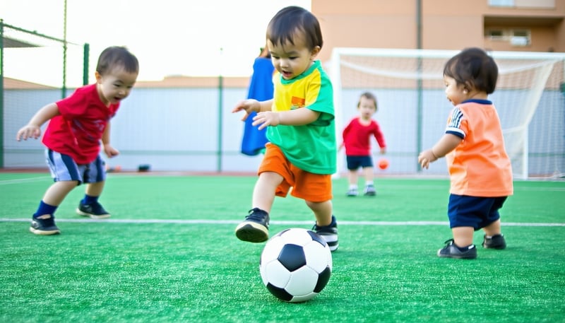 Toddlers participating in a Tiny Kicks soccer class Toddlers participating in a Tiny Kicks soccer class